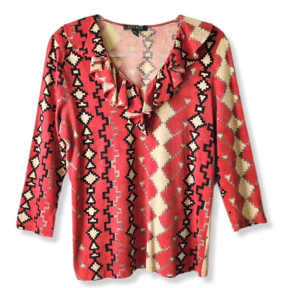 90s VTG LRL Ralph Lauren Red Black Ruffle Knit Top L Aztec Southwest Cowgirl